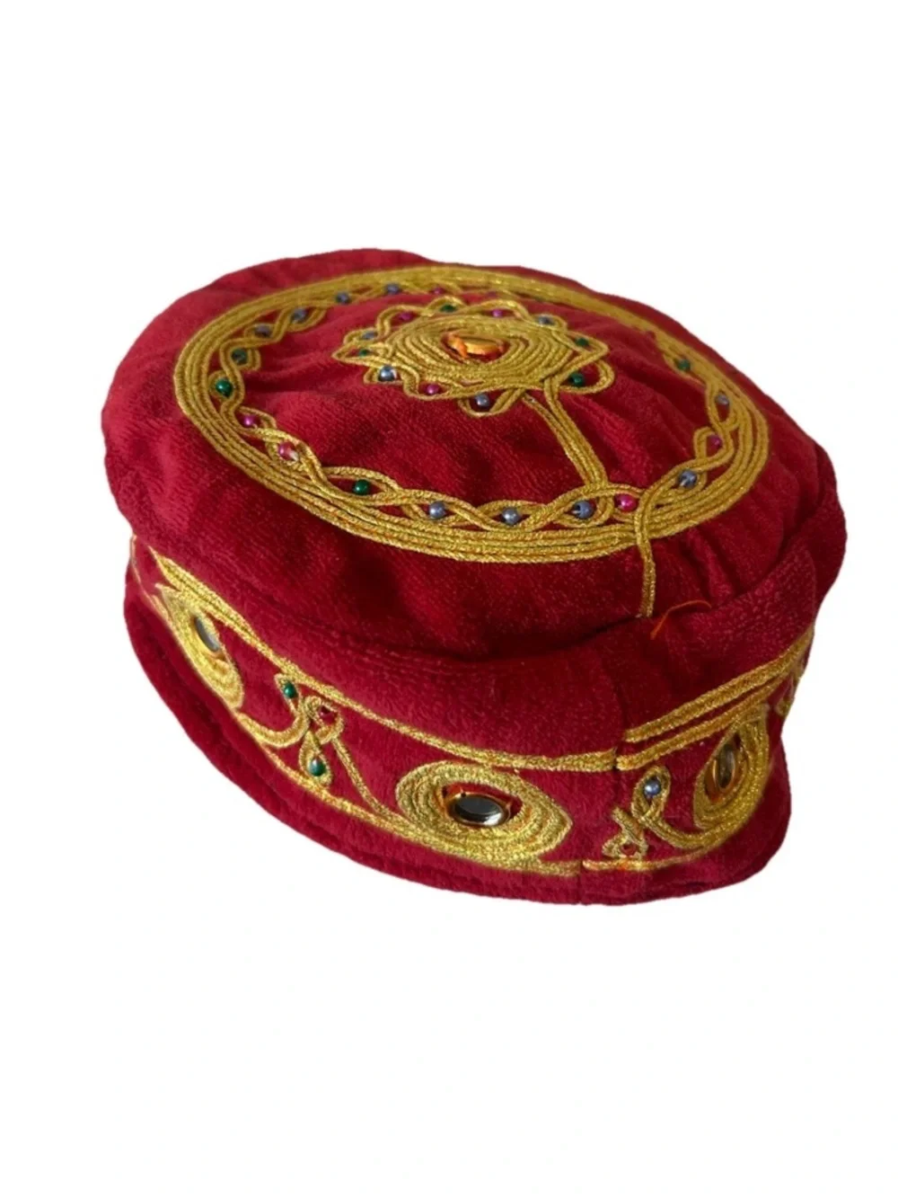 Vintage Turkish Velvet Fez Hat Gold Embroidered Jeweled Festival Cap - Picture 6 of 12